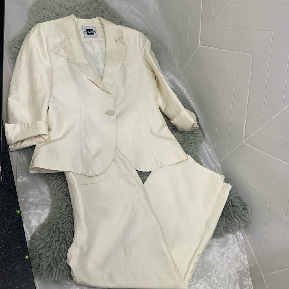 VTG Orna FarhoRARE Made in 🇫🇷 100% Silk Off White 2 Pieces High Rise Pants Set - Picture 8 of 17